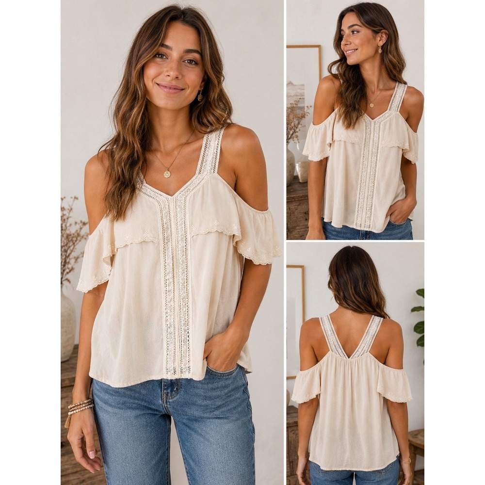 Cold Shoulder Lace Trim French Girl aesthetic Louise Misha Top Womens Medium